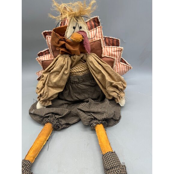 Handmade Fabric Turkey Doll With Plaid Outfit & Straw Details Thanksgiving READ - Picture 6 of 9